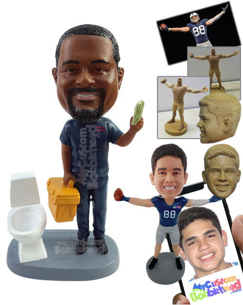 Plumber guy finishing fixing a toilet issue, holding a tool's box Personalized Bobblehead