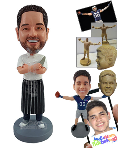 Professional cook chef with hands crossed, holding a knife, wearing an apron, and casual shoes Personalized Bobblehead