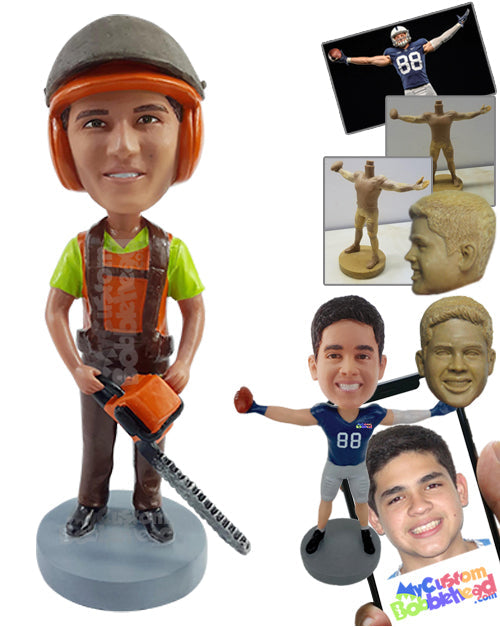 Lumber dude wearing a safety vest and holding a chainsaw Personalized Bobblehead