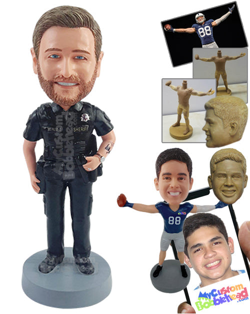 Fully Geared Police Officer Ready for Day's Work with One Hand on the Hip Personalized Bobblehead