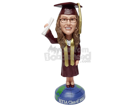 Custom Bobblehead Cheerful graduate holding a diploma up high on a world globe base - Careers & Professionals Graduates Personalized Bobblehead & Action Figure