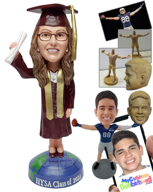 Cheerful Graduate Holding a Diploma Up High on a World Globe Base Personalized Bobblehead