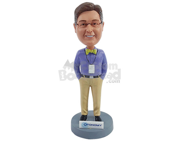 Custom Bobblehead Nice looking office worker guy wearing a bow tie and long sleeve shirt with both hands inside pockets - Careers & Professionals Corporate & Executives Personalized Bobblehead & Action Figure