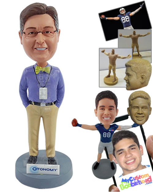 Nice looking office worker guy wearing a bow tie and long-sleeve shirt with both hands inside pockets Personalized Bobblehead