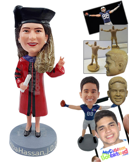 Important graduate student showing a peace sign and holding a diploma in the other hand Personalized Bobblehead