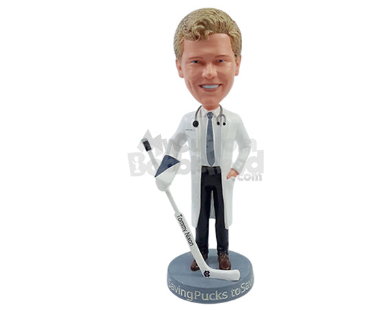 Custom Bobblehead Hockey Fan Male Doctor wearing madical outfit and holding a hockey stick and glove  - Careers & Professionals Medical Doctors Personalized Bobblehead & Action Figure