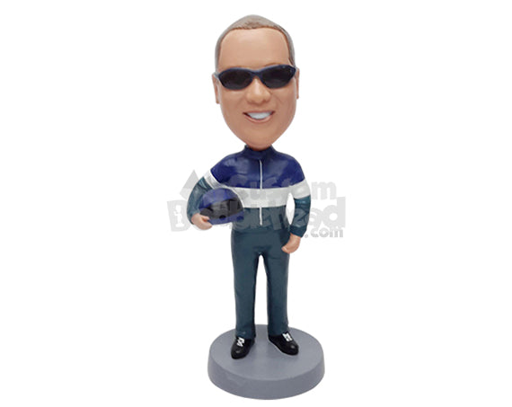 Custom Bobblehead Male Racer wearing a racer's uniform and holding a helmet on the side  - Careers & Professionals Corporate & Executives Personalized Bobblehead & Action Figure