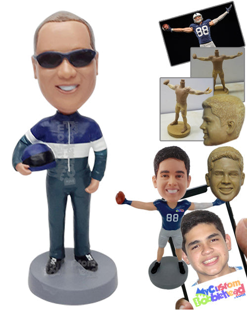 Male racer wearing a racer's uniform and holding a helmet on the side Personalized Bobblehead