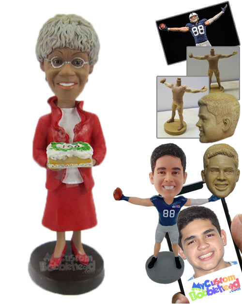 Lady Wearing a Jacket and Skirts Having a Blast in Her Birthday Personalized Bobblehead