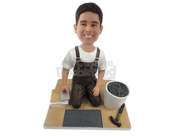 Worker Placing a Tile in Suspenders Personalized Bobblehead