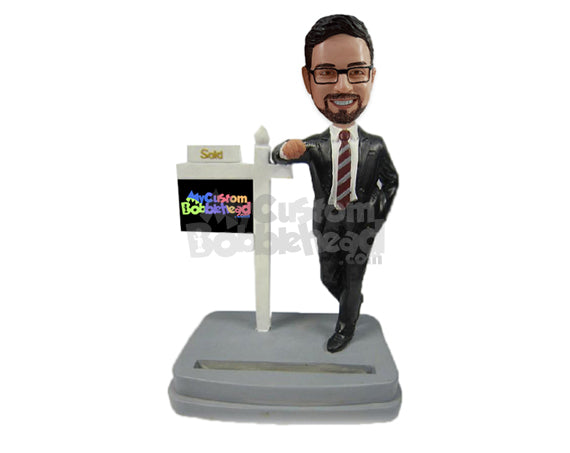 Male Real Estate Agent in Trendy Suit Standing by Sign Personalized Bobblehead