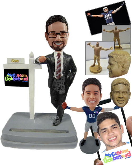 Male Real Estate Agent in Trendy Suit Standing by Sign Personalized Bobblehead