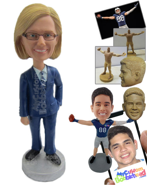 Woman in Suit and Tie with Hands in Pockets Personalized Bobblehead