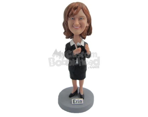 Custom Bobblehead Teacher Ready For A Lecture With A Microphone In Hand And Wearing A Trendy Suit - Careers & Professionals Teachers Personalized Bobblehead & Cake Topper