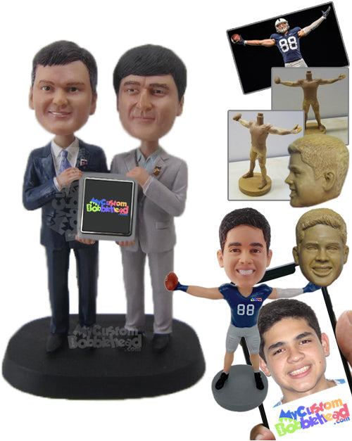 Two Stylish Corporate Dudes Displaying a Photo Frame Personalized Bobblehead