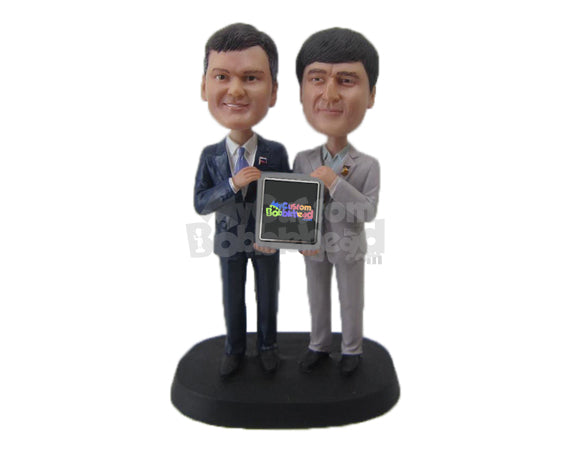 Two Stylish Corporate Dudes Displaying a Photo Frame Personalized Bobblehead