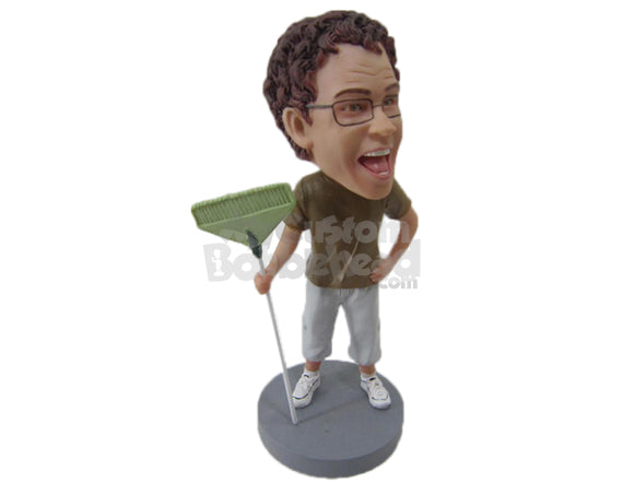 Custom Bobblehead Cool Dude With A Broom Wearing T-Shirt And Jeans - Careers & Professionals Casual Males Personalized Bobblehead & Cake Topper