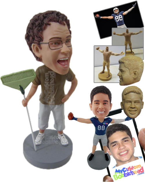 Cool Dude with a Broom Wearing T-Shirt and Jeans Personalized Bobblehead