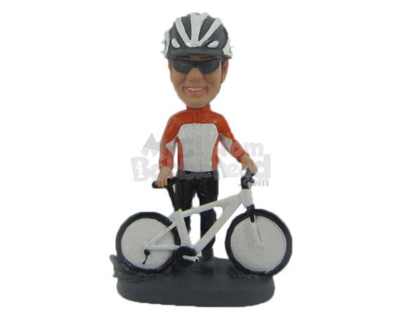 Custom Bobblehead Male Bike Racer Standing Behind Mountain Bike Moments Before The Race - Sports & Hobbies Cycling Personalized Bobblehead & Cake Topper