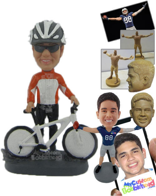 Male Bike Racer standing behind Mountain Bike Moments before the Race Personalized Bobblehead