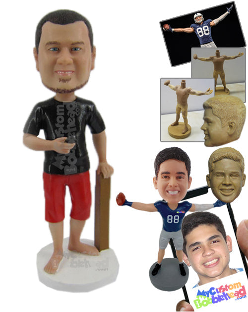 Cool Sports Pal in Surfing Attire Standing Next to a Stick Personalized Bobblehead