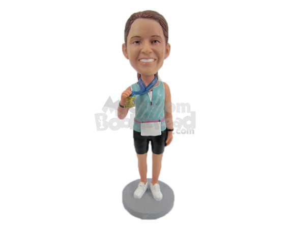 Custom Bobblehead Female Marathon Runner Showing Off Her Gold Medal - Sports & Hobbies Running Personalized Bobblehead & Cake Topper