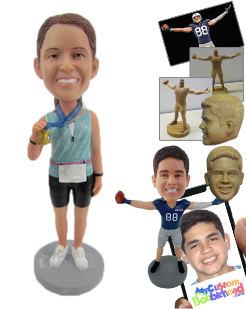 Female Marathon Runner Showing Off Her Gold Medal Personalized Bobblehead