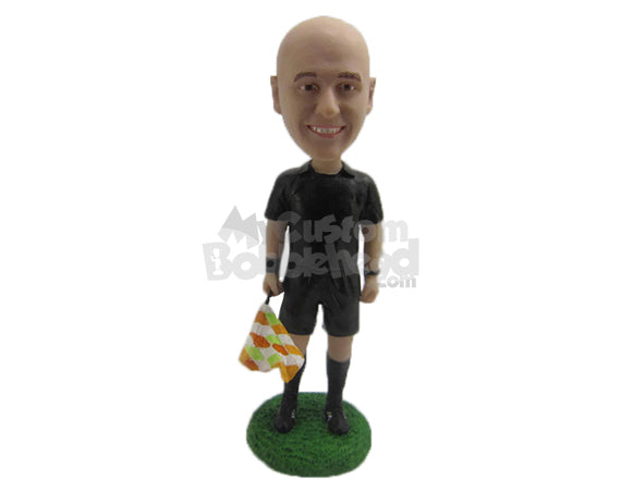 Custom Bobblehead Soccer Sideline Referee Assistant With Flag In Hand - Sports & Hobbies Coaching & Refereeing Personalized Bobblehead & Cake Topper