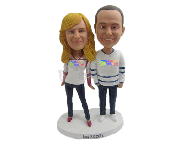 Sports Couple Wearing Full-Sleeve Jerseys and Classic Jeans Personalized Bobblehead