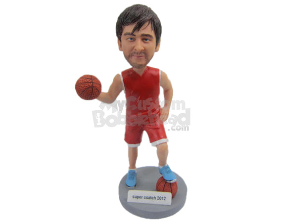 Custom Bobblehead Basketball Player With 2 Basketball One In His Hand And One Under His Foot - Sports & Hobbies Basketball Personalized Bobblehead & Cake Topper