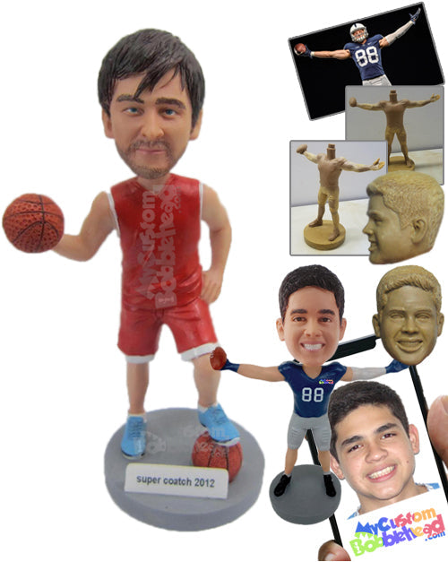 Basketball Player with 2 Basketballs, One in His Hand and One under His Foot Personalized Bobblehead