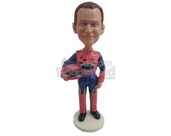 Custom Bobblehead Male Car Racer Wearing Racing Outfit Waiting For The Race To Begin - Sports & Hobbies Car Racing Personalized Bobblehead & Cake Topper