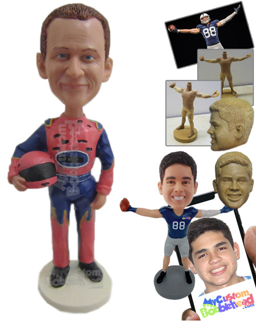 Male Car Racer wearing Racing Outfit Waiting for the Race to Begin Personalized Bobblehead