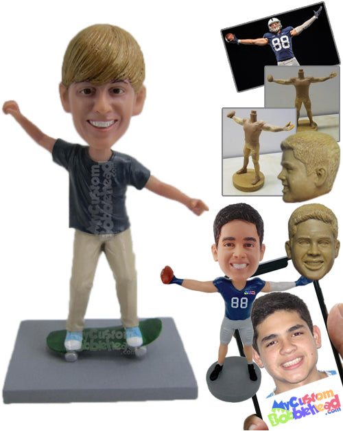 Skateboarding Boy in Casual Outfit, Performing Tricks Personalized Bobblehead