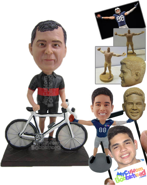 Male Cyclist posing behind his Fast Bicycle Personalized Bobblehead