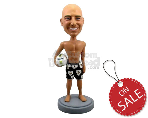 Custom Bobblehead Strong Male Beach Volleyball Player Wearing Shorts With Ball In Hand - Sports & Hobbies Volleyball Personalized Bobblehead & Cake Topper