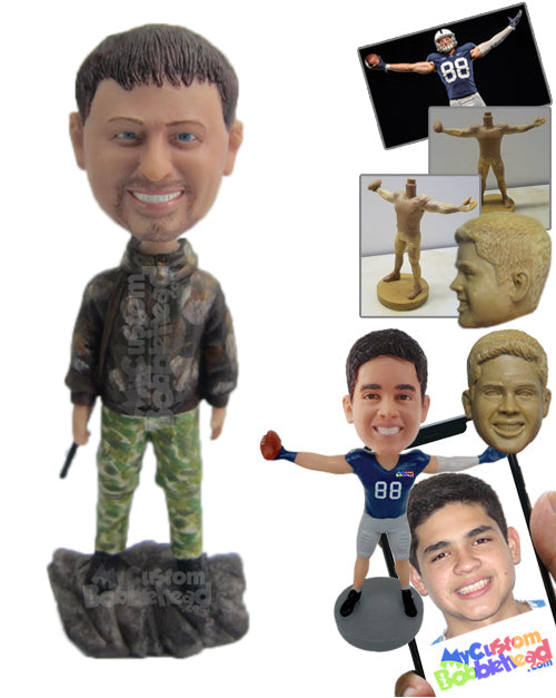 Hunter Wearing a Camouflage Jacket Standing Over Rock Personalized Bobblehead