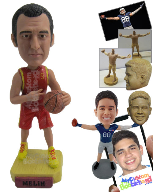 Tall Basketball Player with Ball Showing Victory Sign Personalized Bobblehead