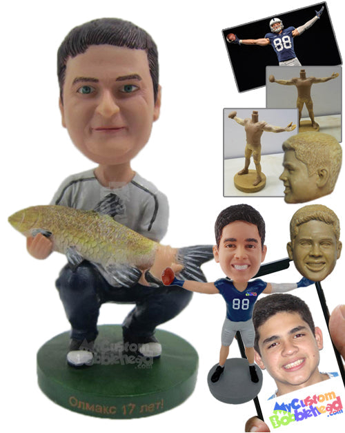 Male Fisherman Wearing Casual Attire Caught a Fish Personalized Bobblehead