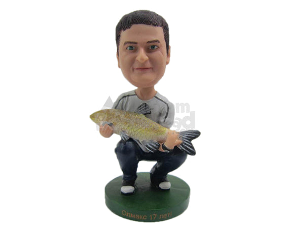 Male Fisherman Wearing Casual Attire Caught a Fish Personalized Bobblehead