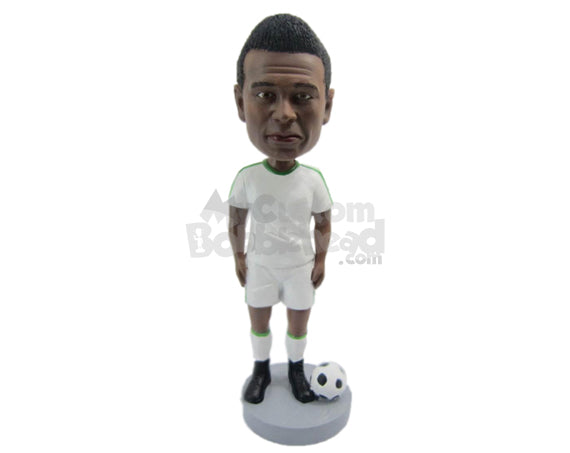 Custom Bobblehead Male Soccer Player Posing For The Camera With His Ball - Sports & Hobbies Soccer Personalized Bobblehead & Cake Topper