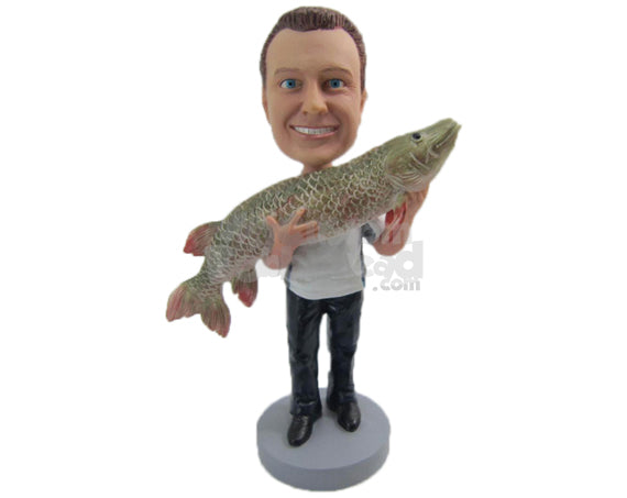 Custom Bobblehead Fisherman In Casual Attire Catches A Big Fish - Sports & Hobbies Fishing Personalized Bobblehead & Cake Topper