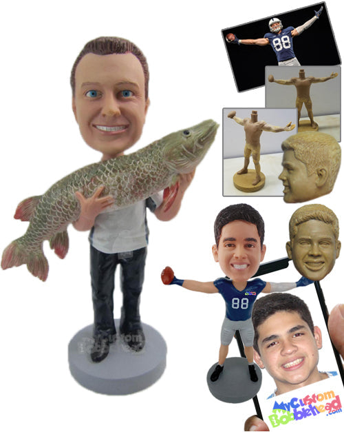 Fisherman in Casual Attire Catches a Big Fish Personalized Bobblehead