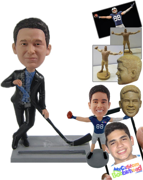 Businessman in Formal Attire with an Ice Hockey Stick Personalized Bobblehead