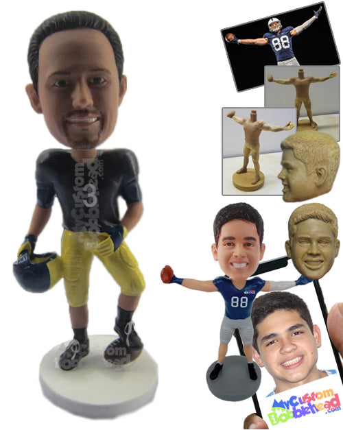 Strong Football Player Giving a Pose with the Ball Under His Feet and Helmet in Hand Personalized Bobblehead