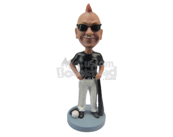 Custom Bobblehead Rockstar Dude Wearing Casual Outfit Posing With Baseball Equipment - Sports & Hobbies Baseball & Softball Personalized Bobblehead & Cake Topper