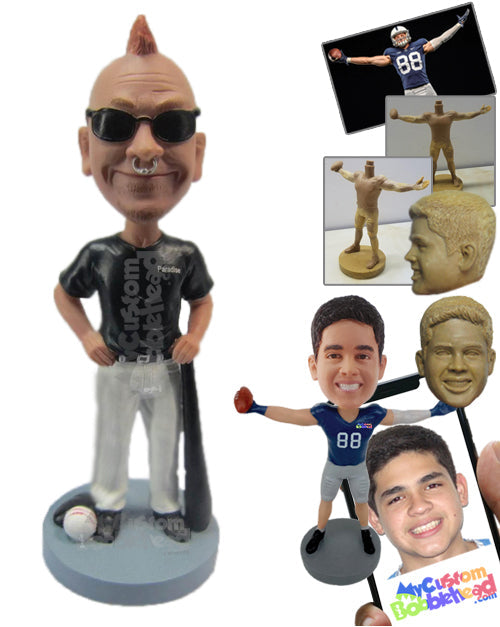 Rockstar Dude Wearing Casual Outfit Posing with Baseball Equipment Personalized Bobblehead