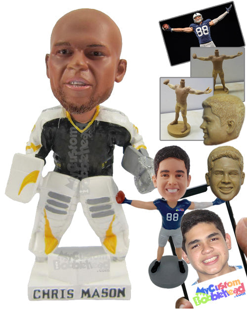 Strong Male Ice Hockey Goalkeeper Concentrating on the Play Personalized Bobblehead