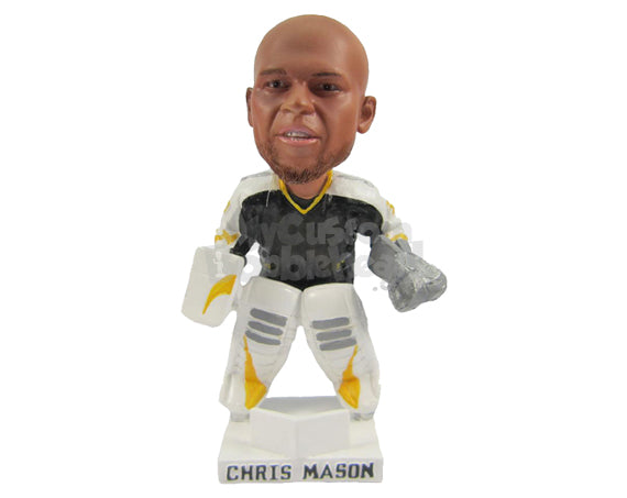 Strong Male Ice Hockey Goalkeeper Concentrating on the Play Personalized Bobblehead