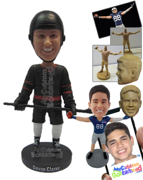 Male Ice Hockey Player Giving Pose Holding Hockey Stick Personalized Bobblehead